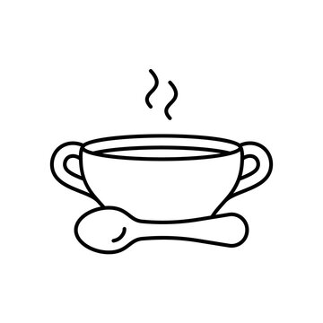 Bouillon. Linear icon of bowl with spoon and hot food. Black simple illustration of broth or clear soup for eatery menu. Contour isolated vector pictogram on white background