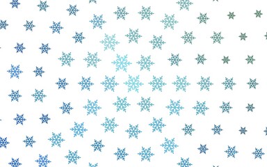 Light Blue, Green vector background with beautiful snowflakes, stars.