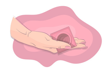 female hand holds a condom. woman self protection against sexually transmitted diseases and pregnancy, contraception concept