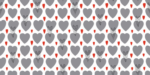Abstract seamless pattern for Valentines day. Background with red and gray hearts. Cute hand-drawn simple illustration. Ornament for wrapping paper banner, postcard. Vector illustration about love.