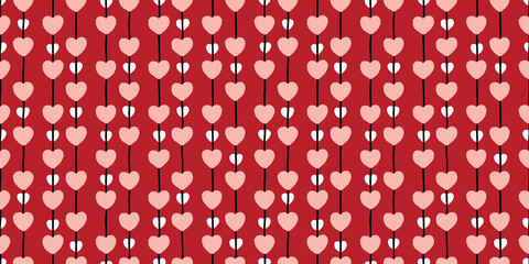 Abstract seamless pattern for Valentines day. Background with red and pink hearts. Cute hand-drawn simple illustration. Ornament for wrapping paper banner, postcard. Vector illustration about love.