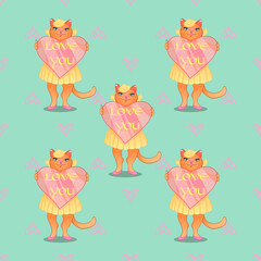 Seamless pattern with cartoon cat with pink heart