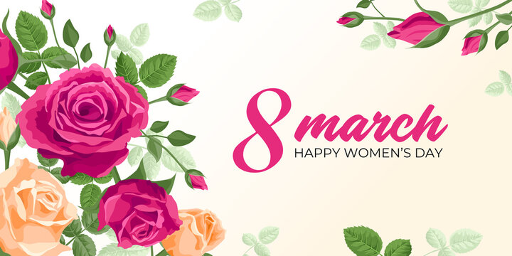 Happy women's day. Vector web banner, poster, flyer, greeting card for social media with the text 8 march, Happy women s day. Beautiful roses, buds, leaves. Womens holiday concept.