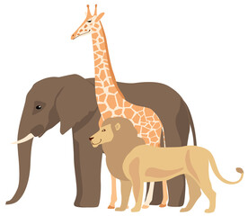 African wild animals. Elephant, giraffe and lion together. Vector graphics