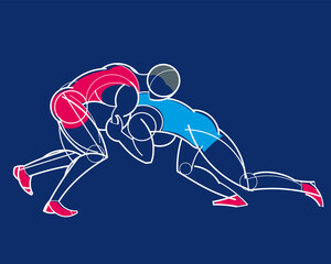 Freestyle wrestling. Stylized athletes are fighting. Linear geometric pattern. Vector graphics