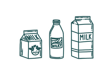 Milk packages in doodle style. Milk bottle and boxes isolated in white background. Doodle vector illustration