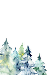 Forest background for greeting card, watercolor hand painting. 