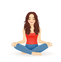 Fototapeta na wymiar Young beautiful woman practicing yoga sitting in lotus pose with crossed legs isolated vector illustration