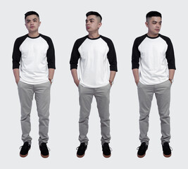 Set of handsome man wearing black white raglan t shirt suitable for mock up