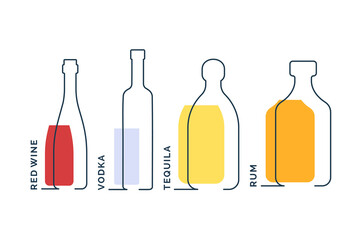 Bottles red wine vodka tequila rum in row. Continuous line object on white background. Black thin outline and color fill. Modern flat style graphic design. Logo contour element illustration
