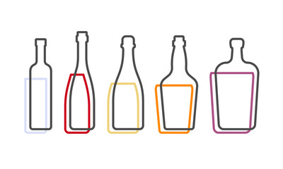 Simple line shape of vodka red wine champagne whiskey liquor bottle. One contour figure of bottle, the second drink. Outline symbol beverage black color. Sign liquid colored. Isolated illustration
