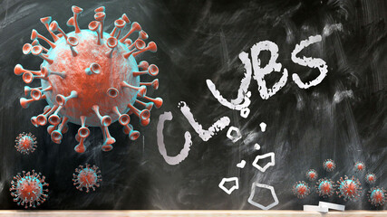 Covid and clubs - covid-19 viruses breaking and destroying clubs written on a school blackboard, 3d illustration