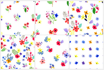 Seamless pattern set. Vector floral design with wildflowers. Romantic background collection