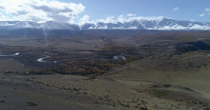 Dron flight over Katu Yaryk mountain pass and valley of Chulyshman river, Altai Republic, Russia