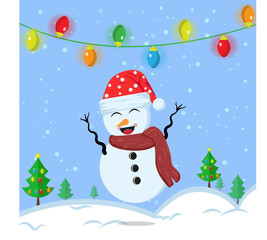 Illustration vector graphic of the cute snowman using santa claus hat and red scarf. Blue background. Good for Christmas icons, Christmas stickers, Christmas book covers.