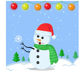 Illustration vector graphic of the cute snowman using santa claus hat and green scarf want to catch snow. Blue background. Perfect for Christmas icons, Christmas stickers, Christmas book covers.