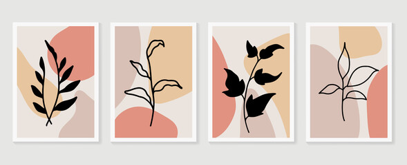 Botanical wall art vector set. Foliage line art drawing with abstract shape.  Abstract Plant Art design for print, cover, wallpaper, Minimal and  natural wall art. Vector illustration.