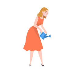 Woman Watering Tree and Plants in the Garden Vector Illustration