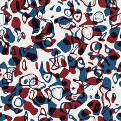 Seamless abstract pattern in flat red blue black white. High quality illustration. Abstract modern blobs of red and blue overlaid to form a modern attractive abstract seamless surface design.