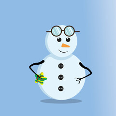 Illustration vector graphic of cute snowman wearing glasses. Blue background. Good for Christmas icons, Christmas stickers, Christmas book covers.