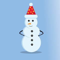 Illustration vector graphic of the cute snowman using star hat. Blue background. Good for Christmas icons, Christmas stickers, Christmas book covers.