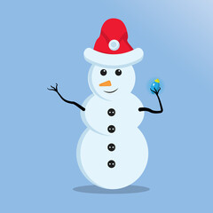 Illustration vector graphic of the cute snowman using santa claus hat holding christmas light. Blue background. Good for Christmas icons, Christmas stickers, Christmas book covers.