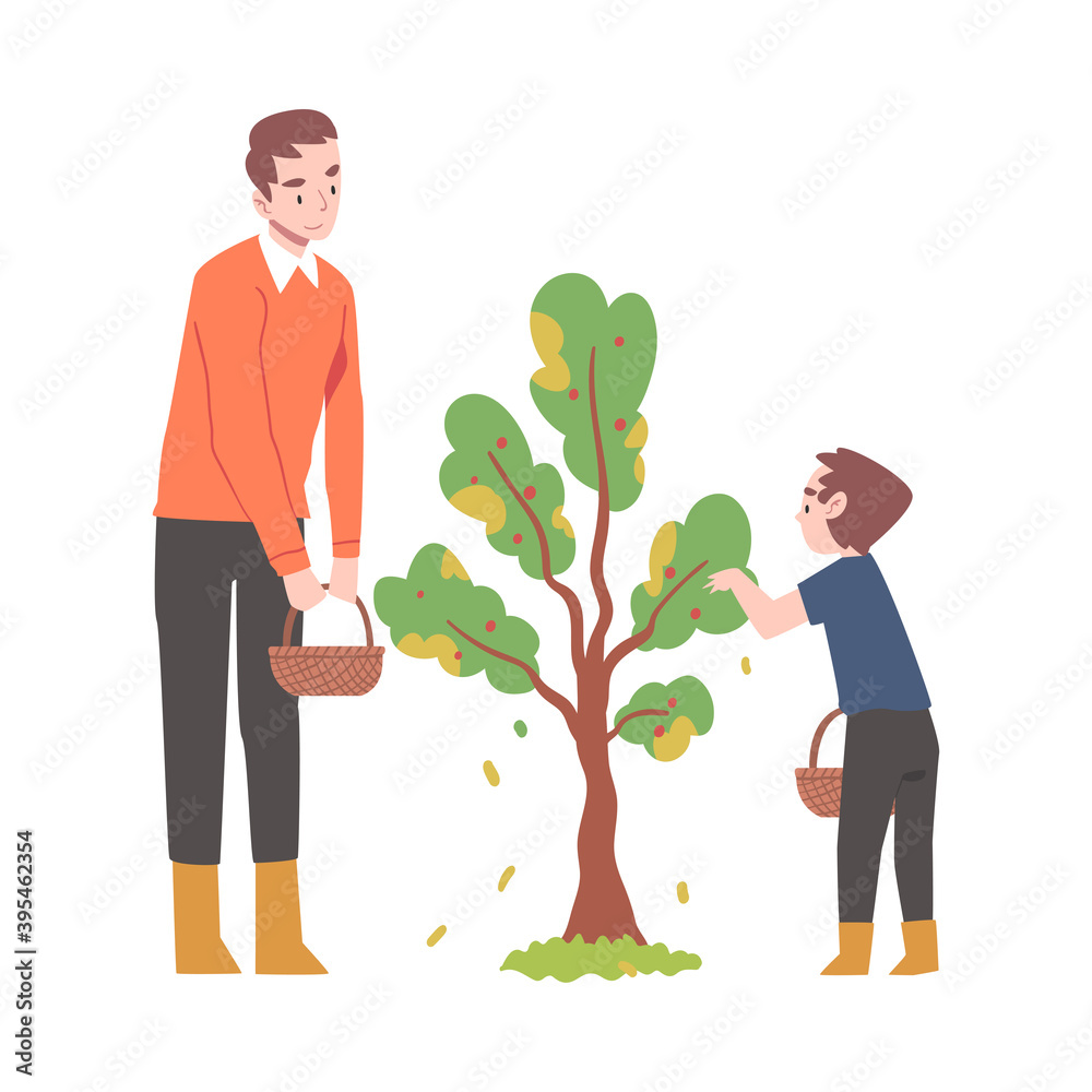 Sticker Young Man with Kid Picking Apples from Fruit Tree Vector Illustration