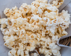Top view of the salty flavour popcorn in the woven bamboo basket