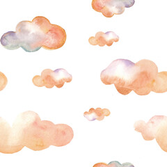 Pattern with watercolor clouds on white background