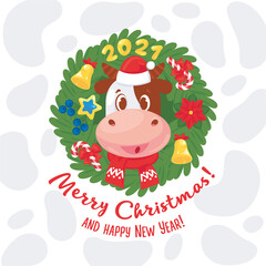 Simbol of the 2021 year cow framed with wreath decorated with toys. Christmas card, poster, vector illustration