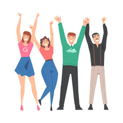 Fototapeta premium Group of People Characters Standing Together with Raising Hands Vector Illustration