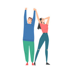 Fototapeta premium Excited Man and Woman Standing with Raising Hands Celebrating Success Vector Illustration