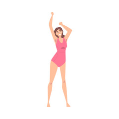 Athletic Slim Woman in Sportswear Standing with Raising Hands Vector Illustration