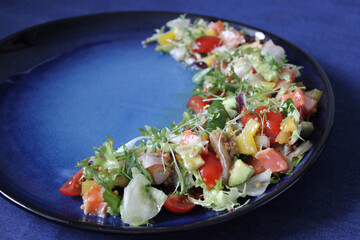 Vegetarian food with fresh vegetables on a blue background