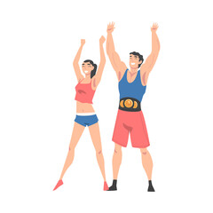 Fototapeta na wymiar Athletic Muscular Man and Slim Woman in Sportswear Standing with Raising Hands Vector Illustration
