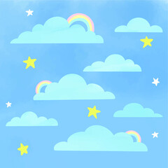 Cute wallpaper day and night sky with cloud rainbow and star for kids.