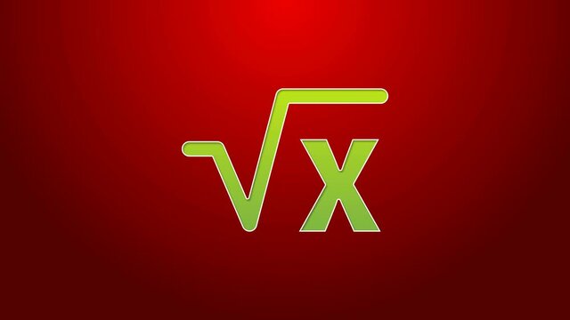 Green line Square root of x glyph icon isolated on red background. Mathematical expression. 4K Video motion graphic animation