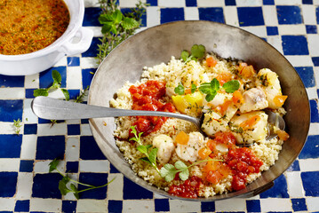 Couscous bi Samak (couscous with cod, Maghreb, North Africa)