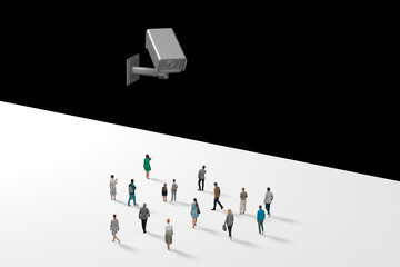 Group Of Architectural Figurines Walking Towards A CCTV Camera, Studio Shot, Isolated Against White. Surveillance Concept. 3d Rendering.