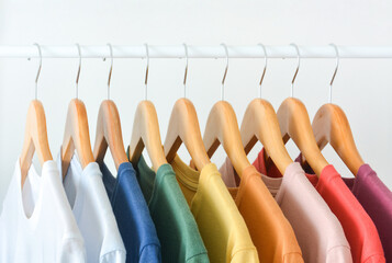 close up collection of pastel color t-shirts hanging on wooden clothes hanger in closet or clothing rack over white background - obrazy, fototapety, plakaty