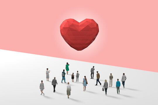 Group Of Architectural Figurines Walking Towards A Red Heart, Studio Shot, Isolated Against Pink. Medical Concept, Love. 3d Rendering.