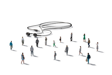 Group Of Architectural Figurines Walking Towards A Pair Of In Ear Headphones, Full Frame Variation. Communication Concept. 3d Rendering.