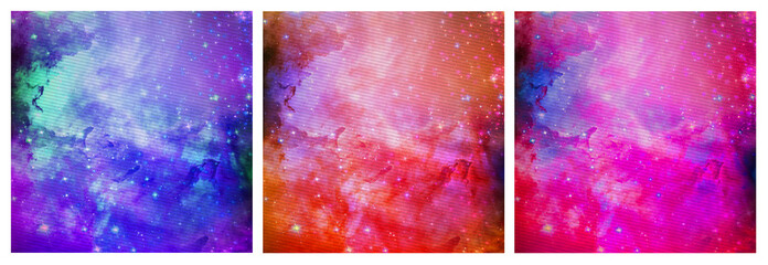 Collection of abstract backgrounds in dynamic cosmos  composition with different color shades. Planets and stars in the deep space. Beautiful universe set. 3d illustration.