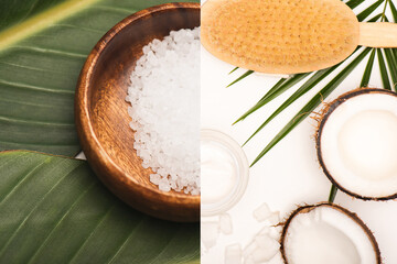 Fototapeta na wymiar collage of sea salt in wooden bowl, cut coconuts, cosmetic cream, and massage brush on white, stock image