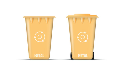 Realistic yellow trash can. Waste bin with lid and wheels. ECO concept. Vector.