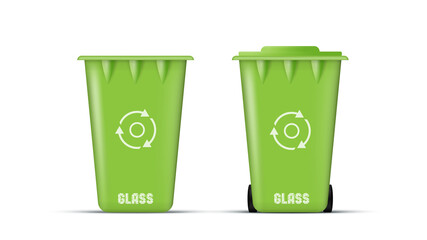 Waste bin with lid and wheels. Realistic green trash can. ECO concept. Vector.