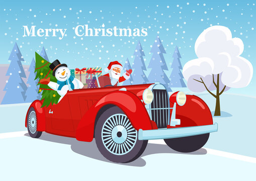 Merry christmas stylized typography. Vintage red cabriolet with santa claus, christmas tree and snowman. Vector flat style illustration