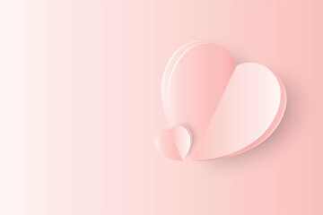 Vector two paper hearts shape on pastel pink background with copy space. Sweet love concept.