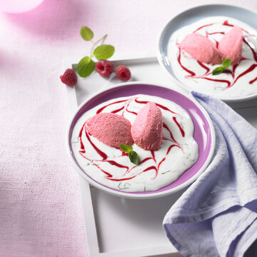 Champagne and raspberry mousse on a mint and yoghurt sauce with raspberry pur�e