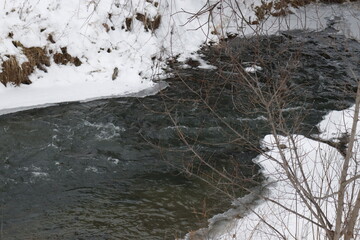 beautiful winter landscape Chemrovka river with rocky rifts